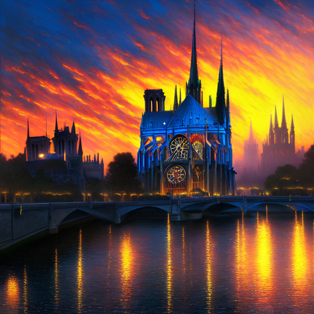 Gothic cathedral by river at sunset with spires and reflections