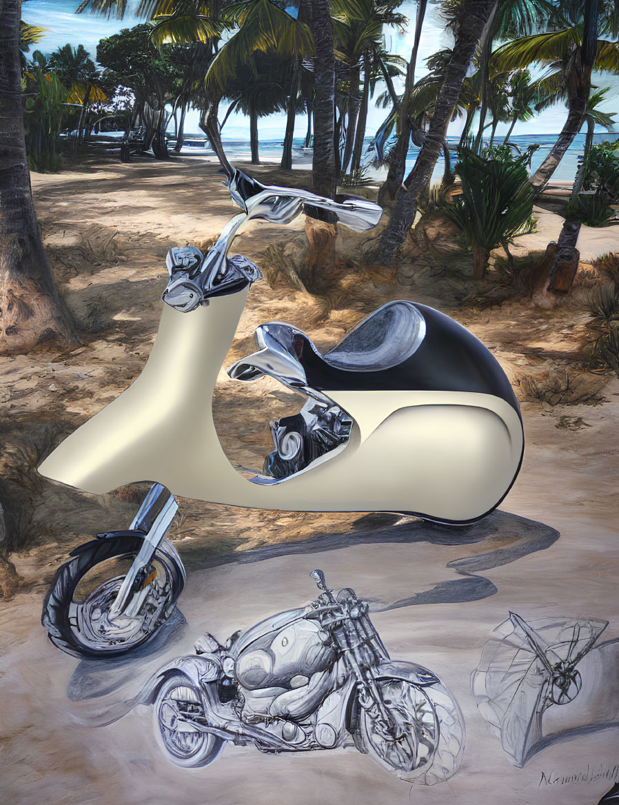 Scooter and beach scene merge in artistic concept