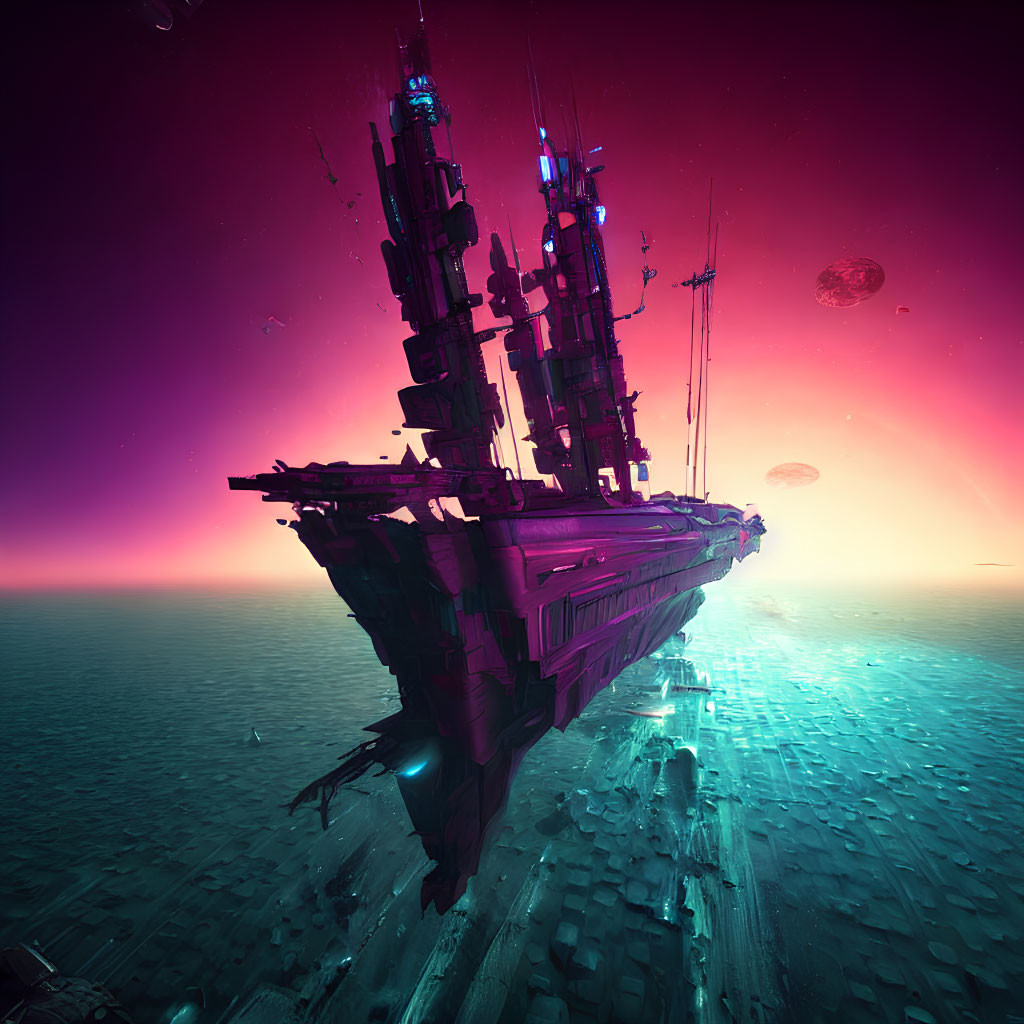 Gigantic spaceship over fragmented planet with pink and teal gradient backdrop