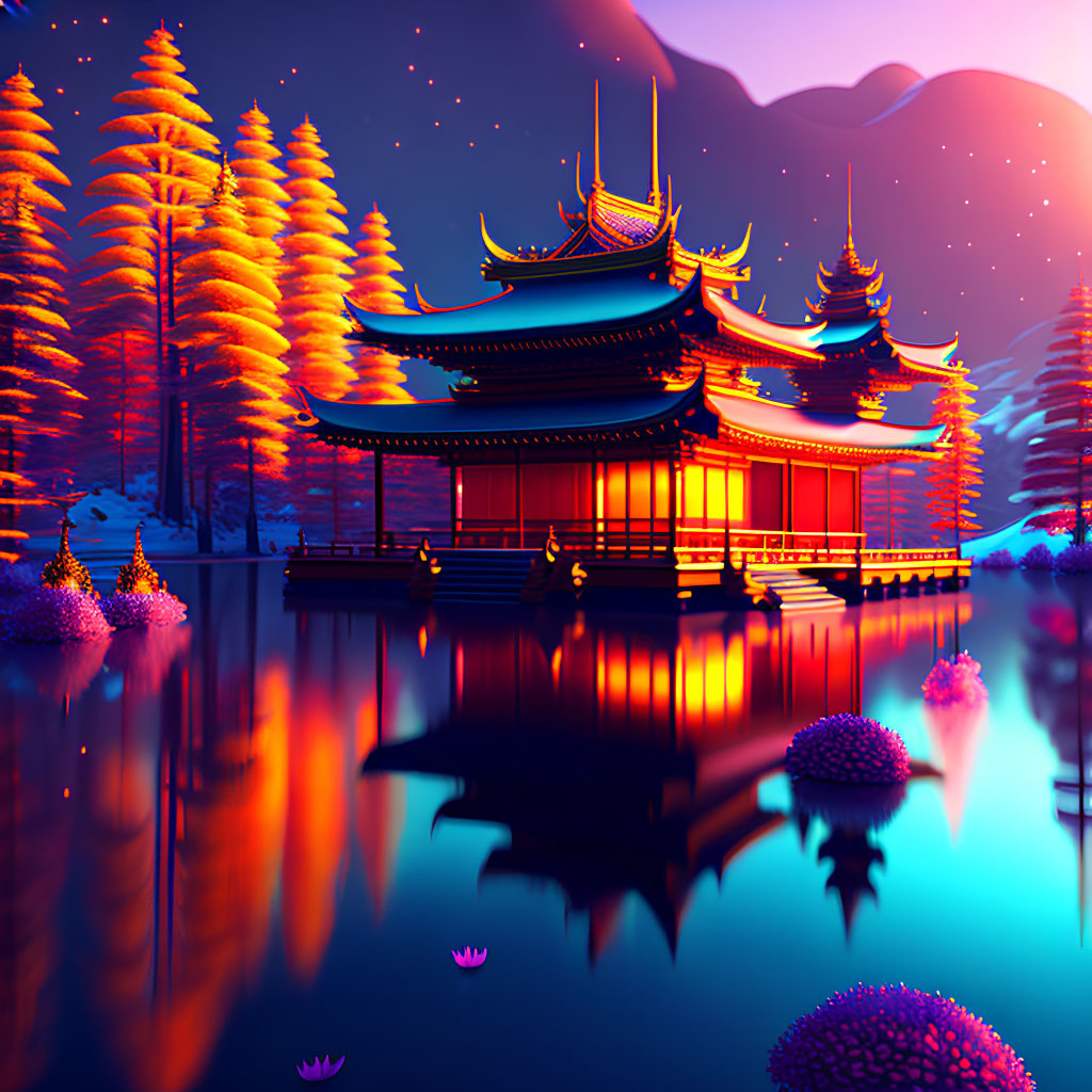 Asian Pagoda by Calm Lake: Reflection, Pine Trees, Twilight Sky, Mountains