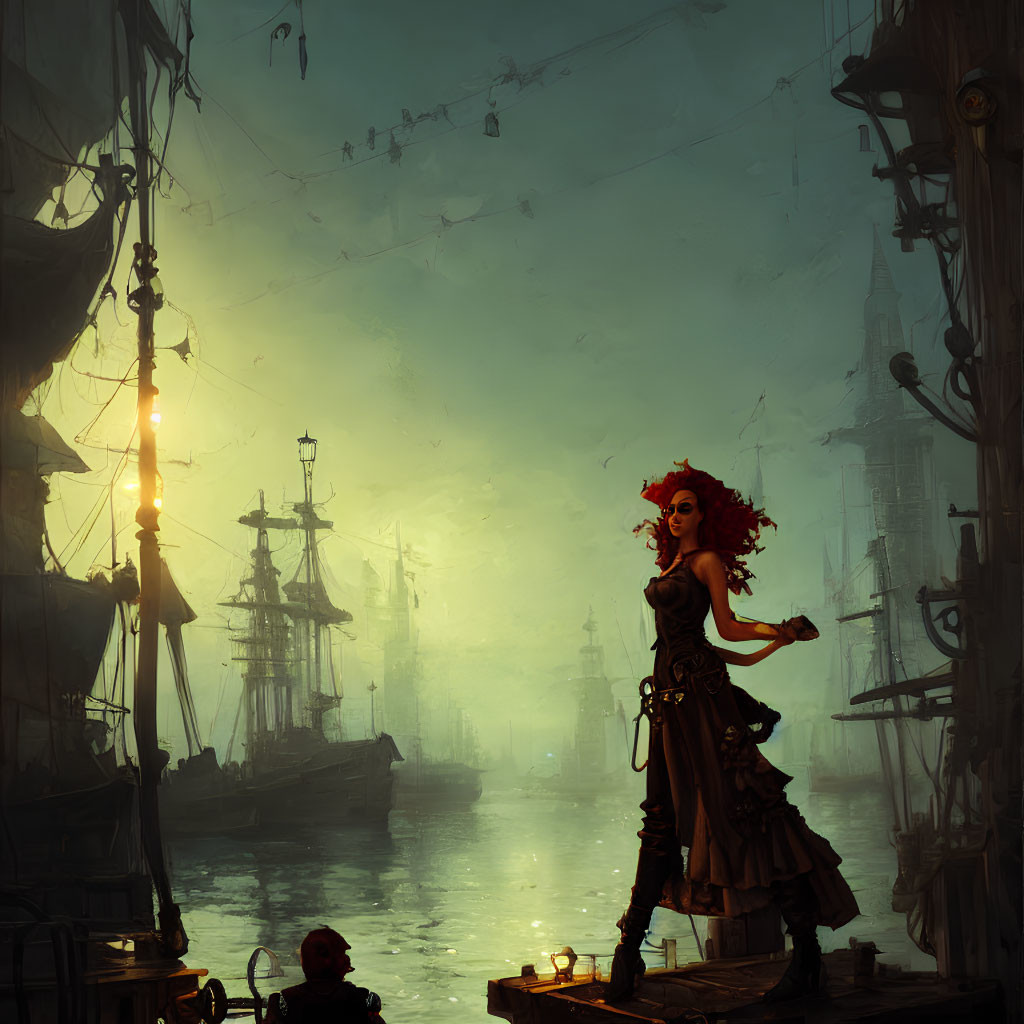 Vibrant red-haired woman on foggy dock with old ships and lamppost