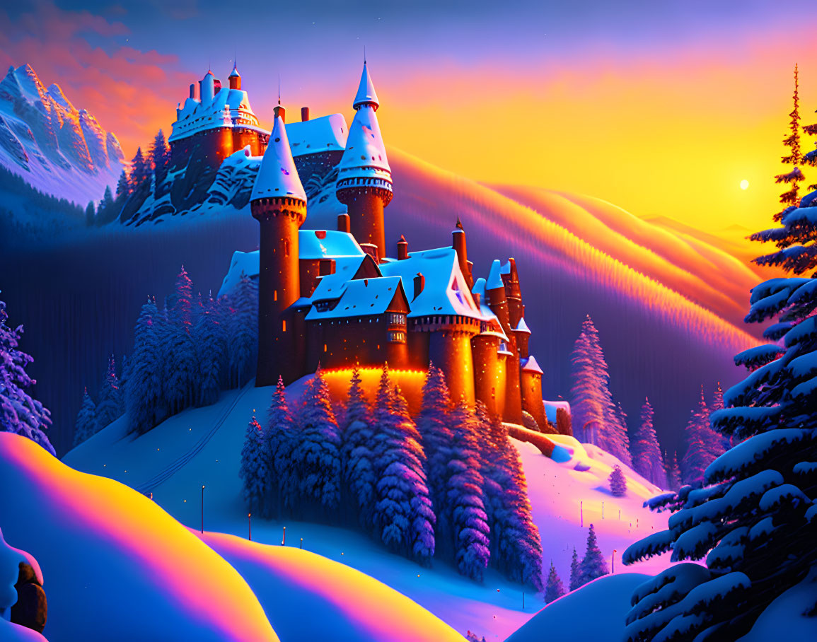 Digital art of majestic castle in snowy landscape with sunset sky