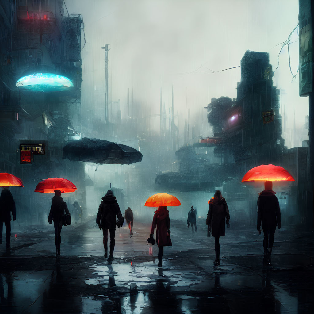 Group of people with red umbrellas in dystopian cityscape