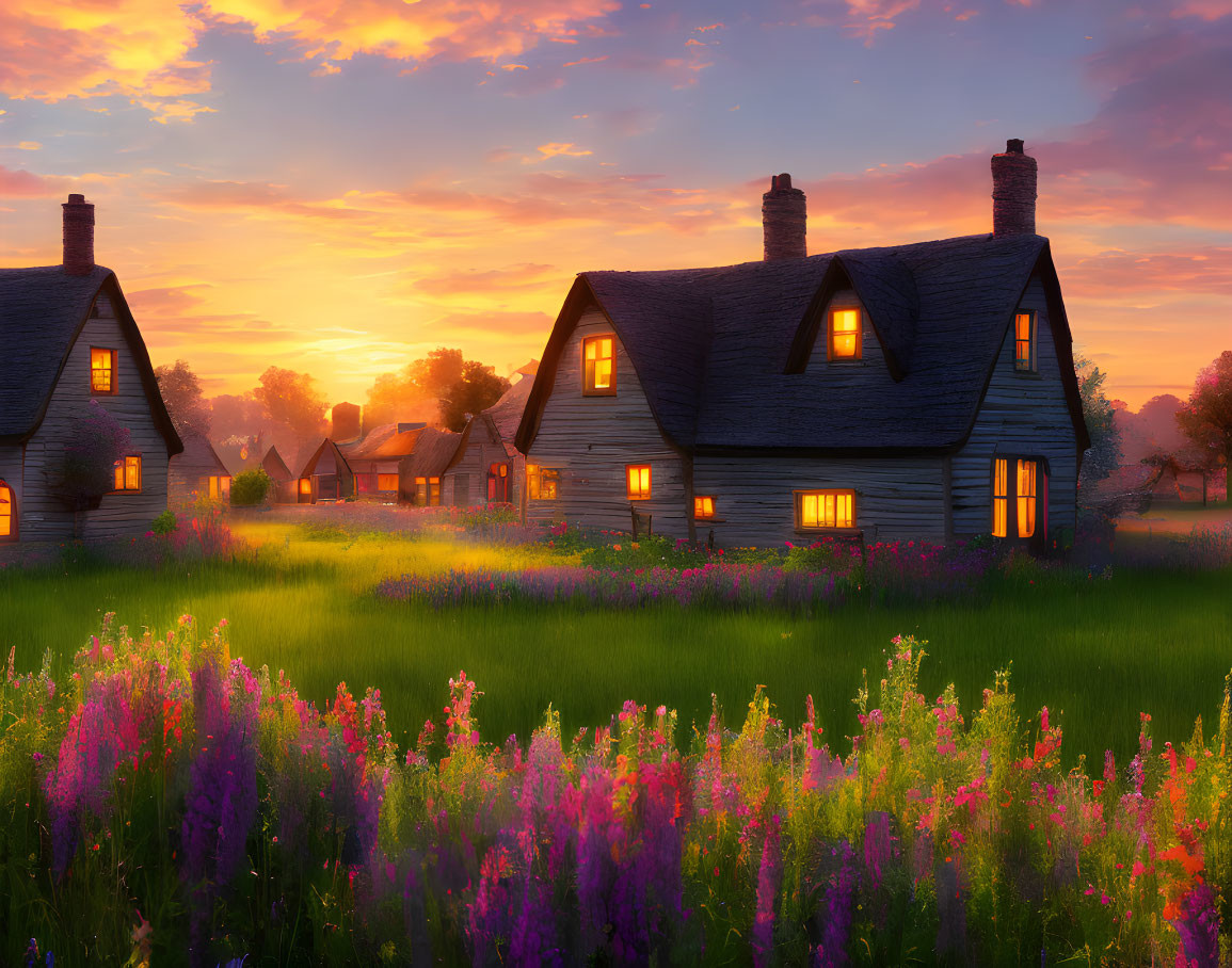 Rustic Houses Among Wildflowers at Sunset