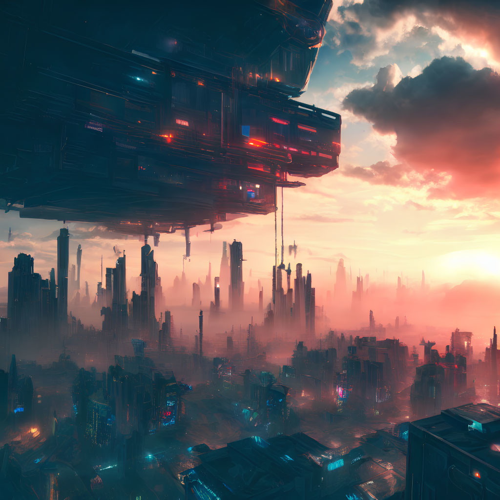 Futuristic cityscape with misty skyscrapers and neon lights