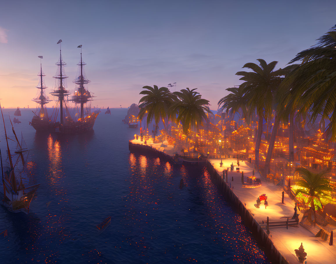 Twilight scene at bustling port with tall ships and palm trees