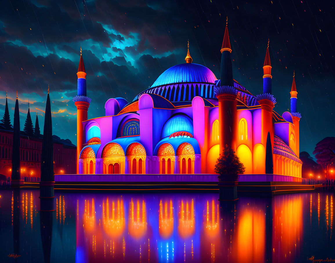 Colorful digital artwork: Mosque by reflective waterfront at dusk