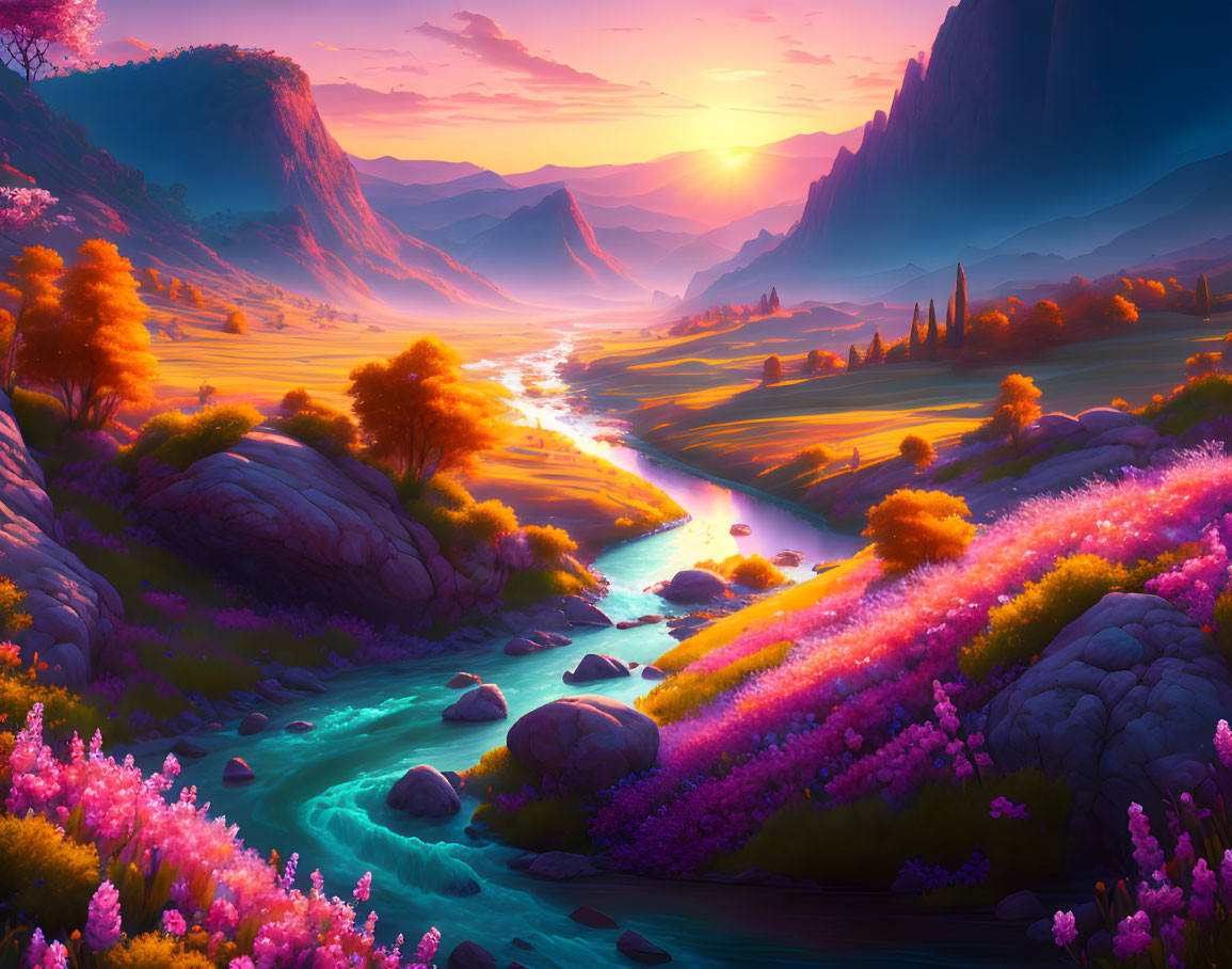 Colorful Sunset Landscape with River, Valley, Flowers, Trees, and Mountains