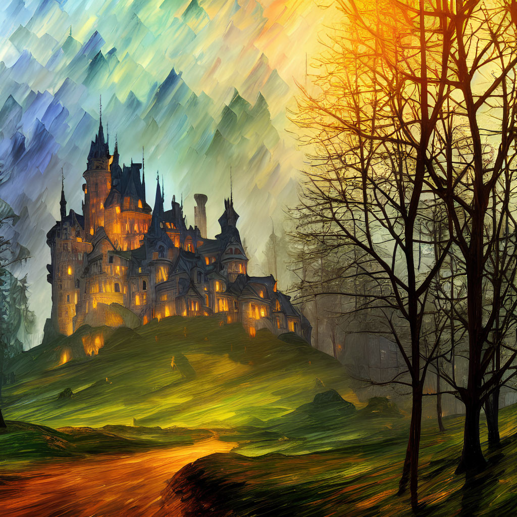 Majestic castle with spires in mystical landscape and colorful sky