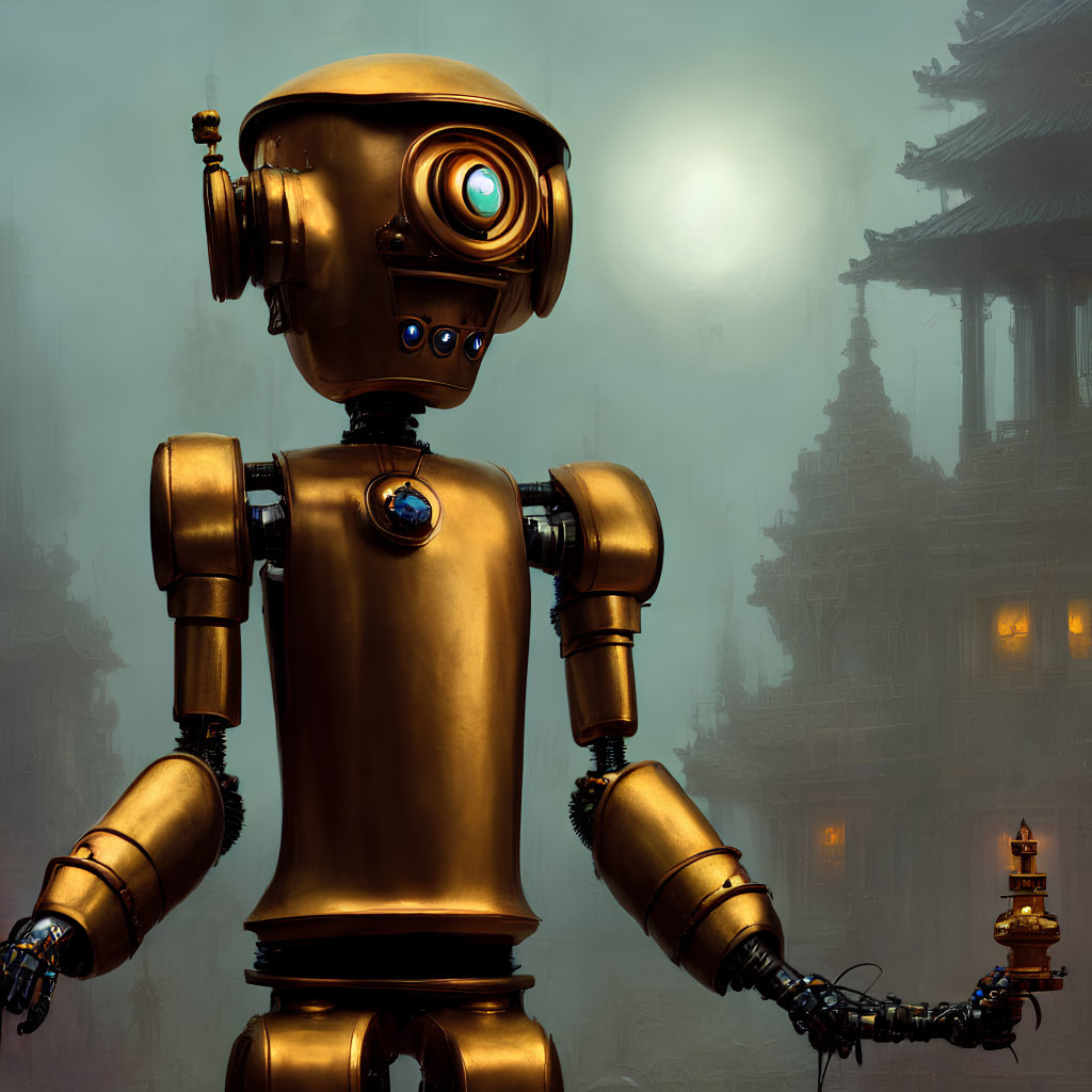 Golden robot with large eye in misty Asian temples