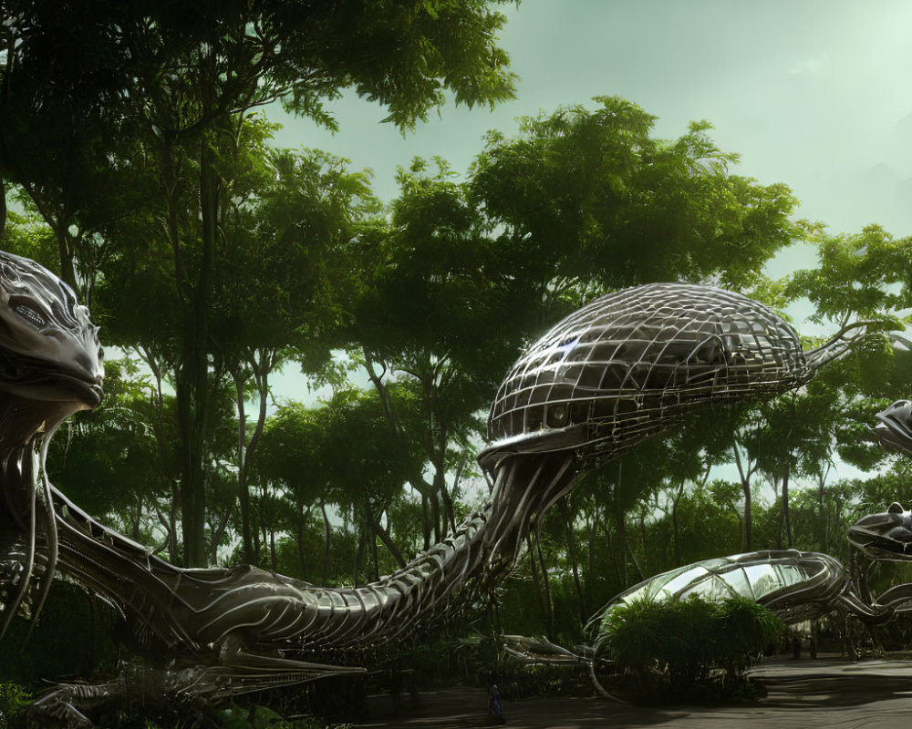 Organic-shaped metallic structures in futuristic park with alien ambiance