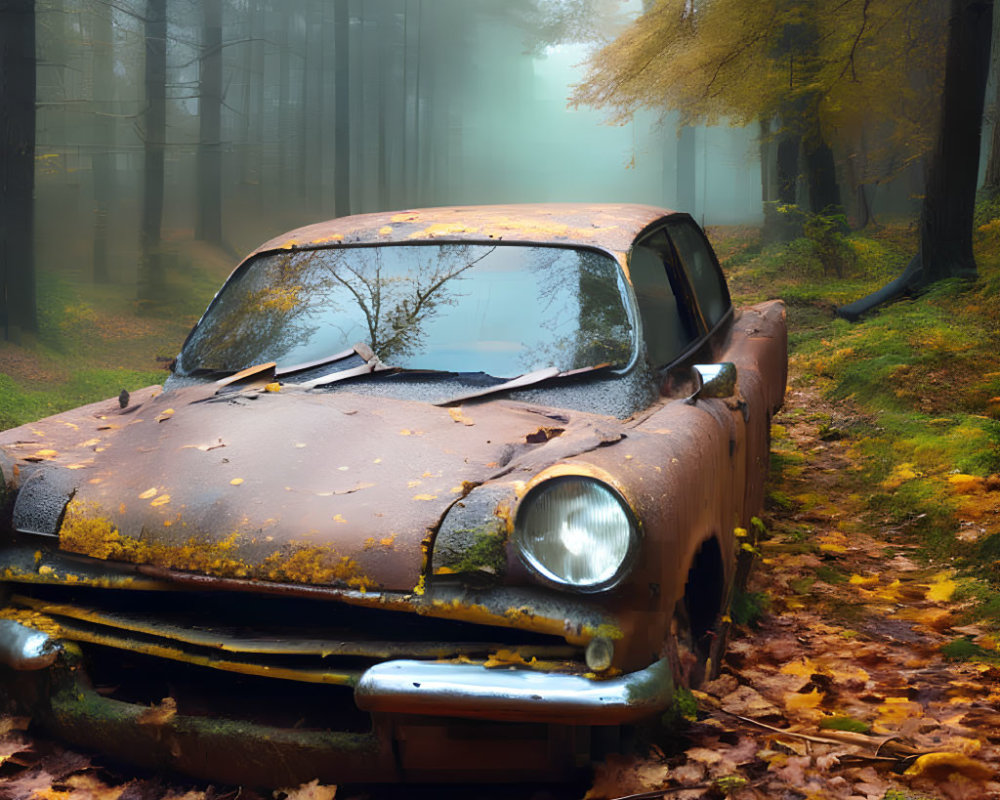 Rusty abandoned car covered in moss in misty autumn forest