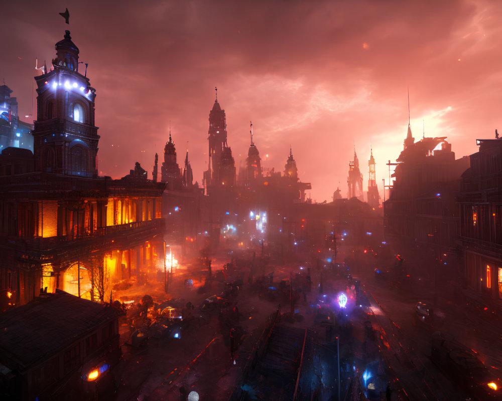 Dystopian cityscape with neon lights and gothic architecture at sunset