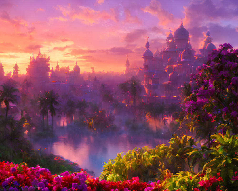 Majestic palaces and lush vegetation in vibrant fantasy landscape