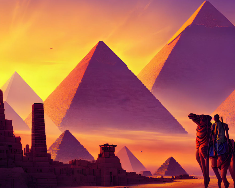 Silhouette of two people, camel, Great Pyramids of Giza at sunset