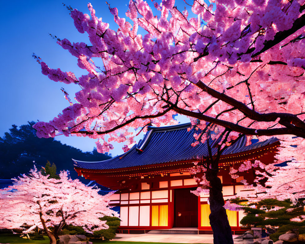 Traditional Japanese Building with Pink Cherry Blossoms at Dusk