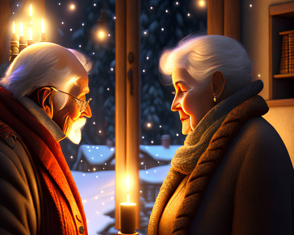 Elderly Couple in Warm Clothing Enjoy Candlelit Moment in Snowy Setting