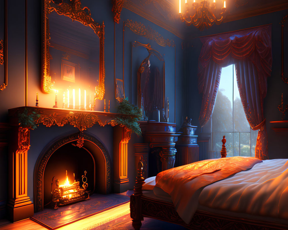 Luxurious Bedroom with Fireplace, Ornate Furniture, Chandelier, and Sunlight