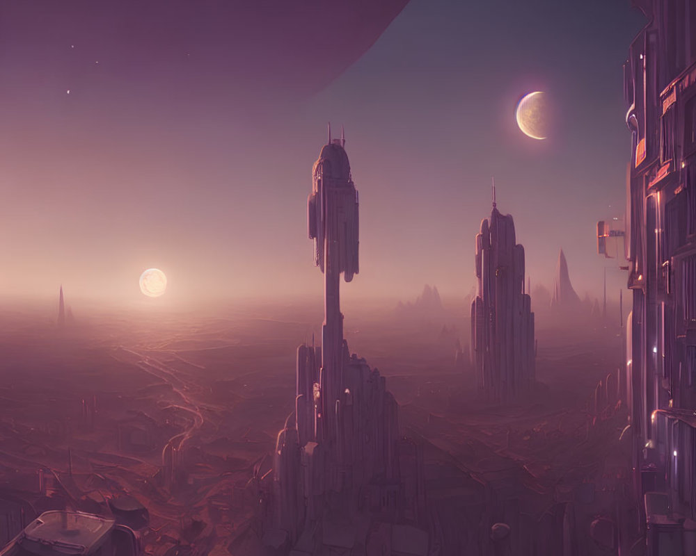 Futuristic cityscape with towering skyscrapers and crescent moon in pink-tinged sky