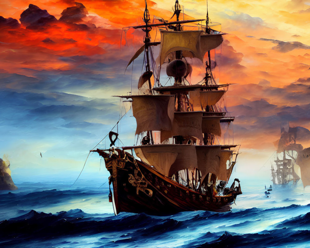 Sailing ship on turbulent ocean waves at sunset