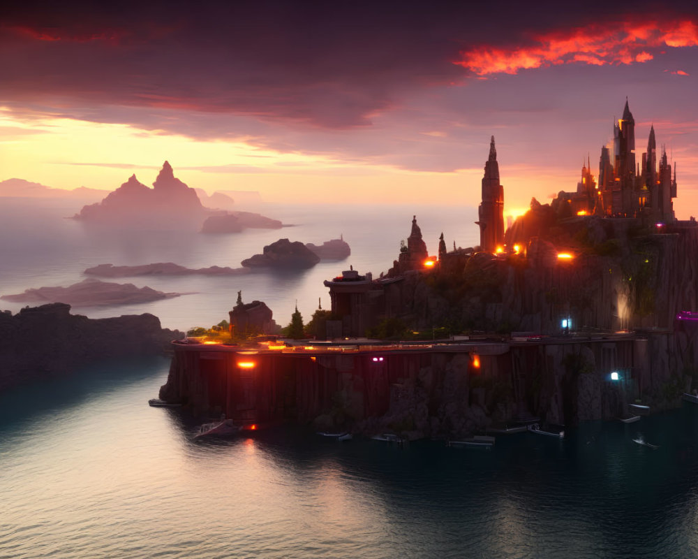 Medieval-style coastal cityscape at sunset with dramatic red sky