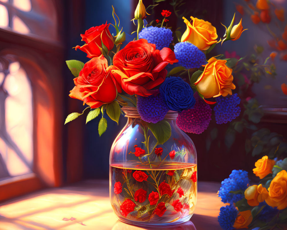 Colorful bouquet of red, yellow, and blue flowers in glass vase by sunlit window