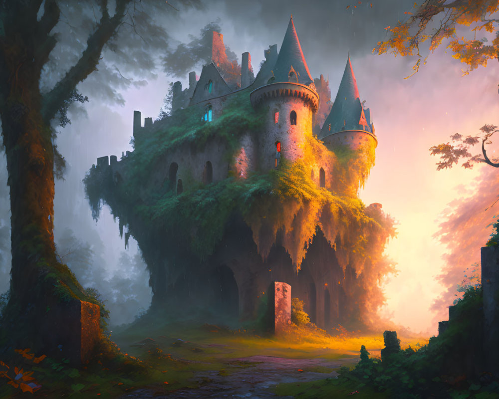 Overgrown castle in misty forest with warm light and ancient trees