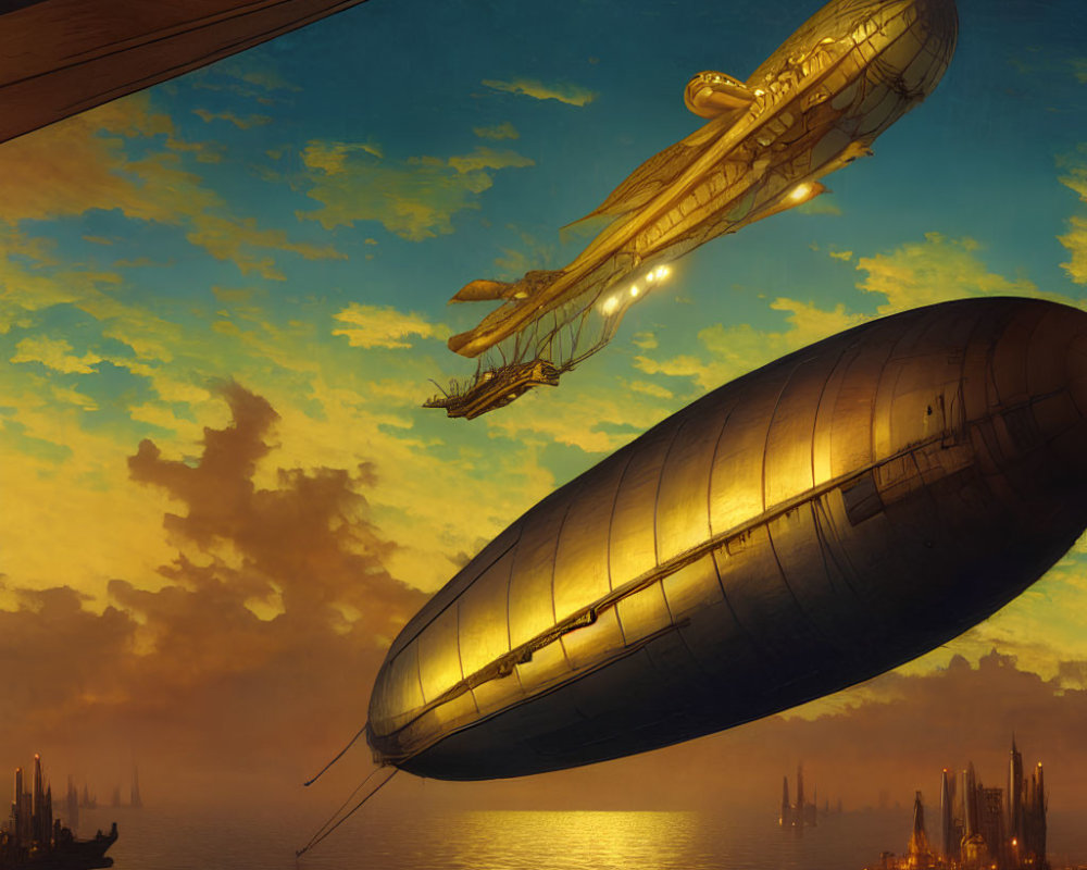 Airships over serene sea at sunset with city silhouette in dusky sky