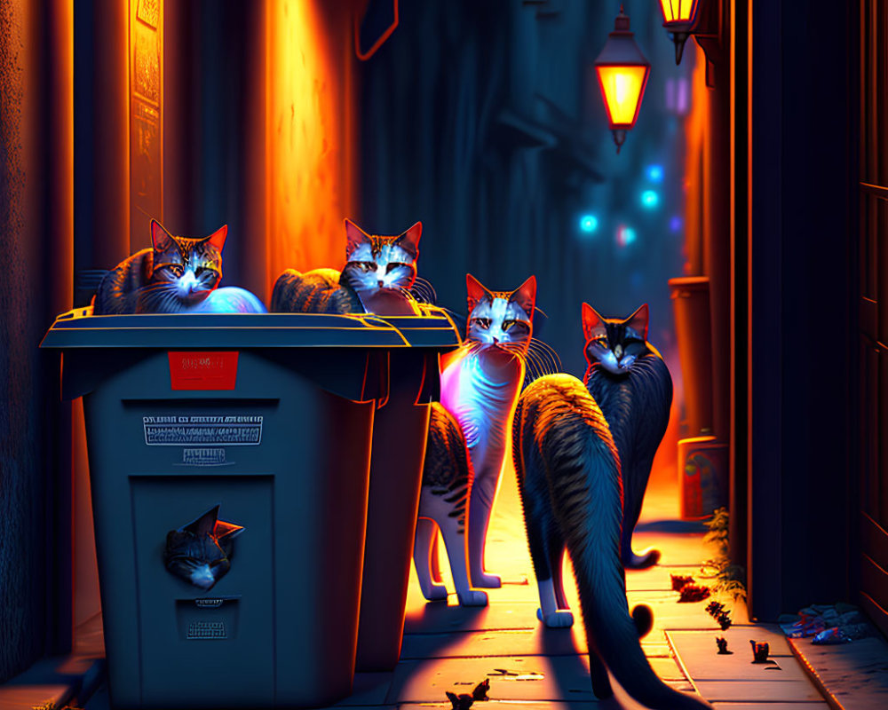 Four stylized cats with glowing eyes in a neon-lit alleyway at night.