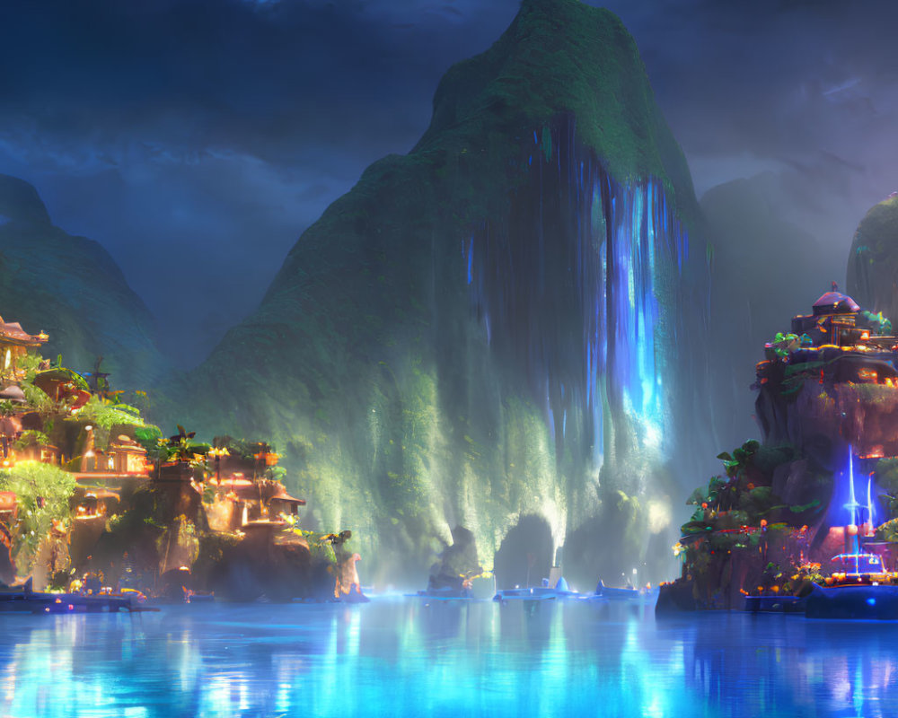 Nighttime landscape: illuminated waterfalls on verdant mountain with glowing structures