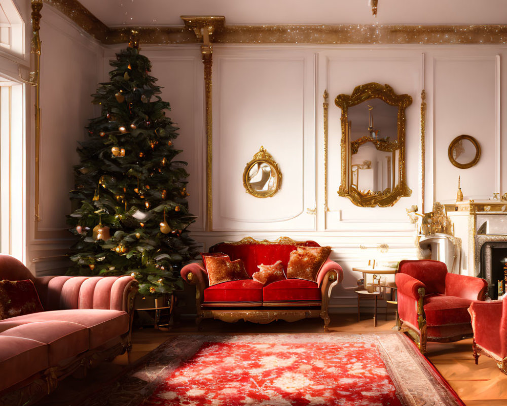 Luxurious Christmas-themed living room with golden decor and cozy ambiance