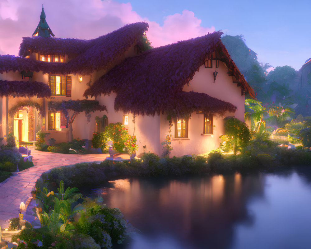 Thatched roof fairytale cottage at dusk with gardens and pond