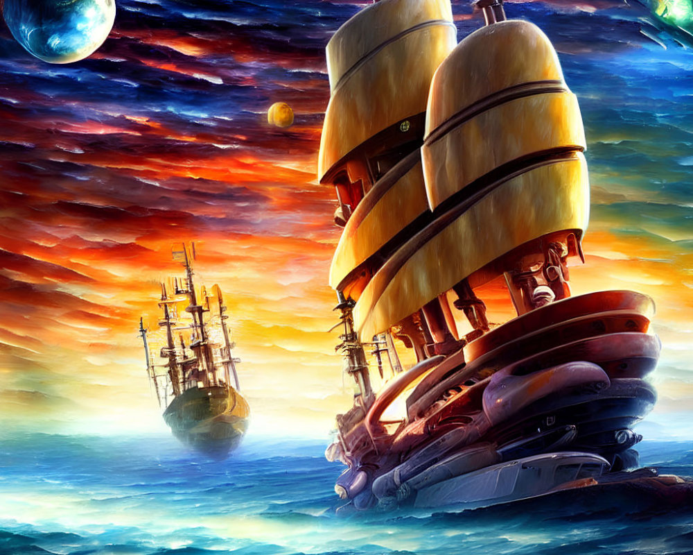 Majestic sailing ships on fantastical sea with starry sky & planets.