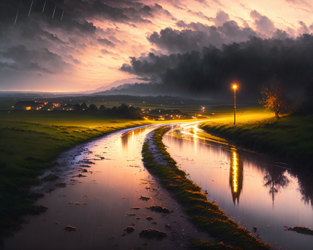 Night landscape with wet road reflecting street lights and stormy sky.