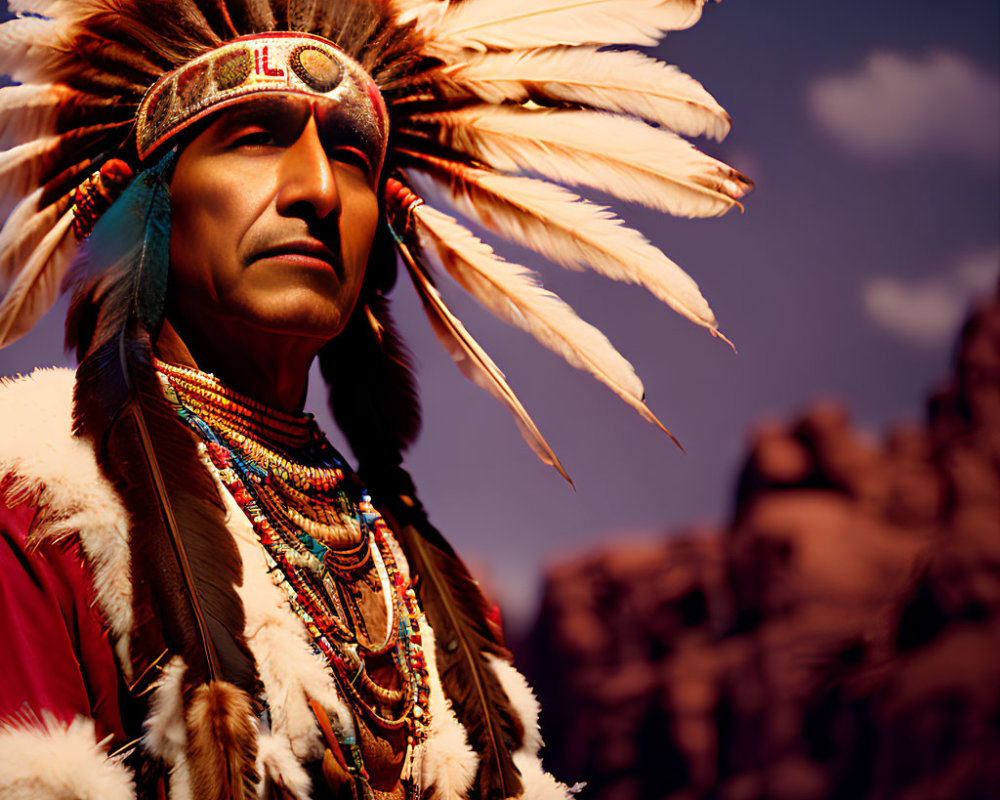 Portrait of person in Native American headdress with feathers and beads against dusky sky and rocky terrain