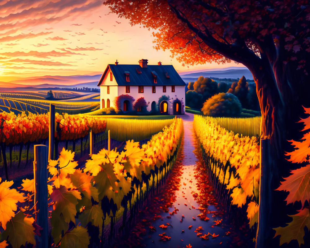 Autumn Vineyard Sunset Scene with White House and Vibrant Sky