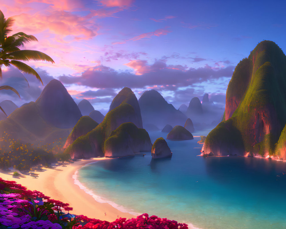 Tranquil tropical beach sunset with lush green hills and vibrant flora