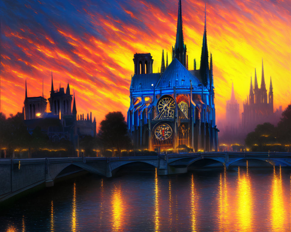 Gothic cathedral by river at sunset with spires and reflections