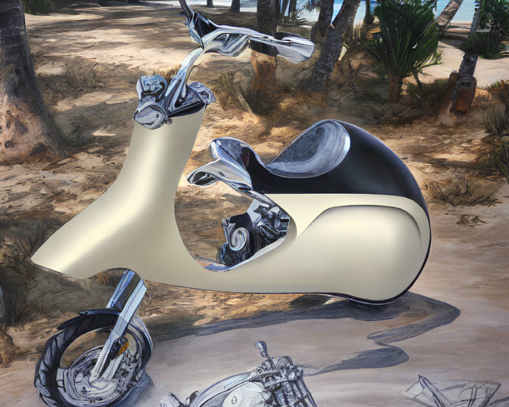 Scooter and beach scene merge in artistic concept