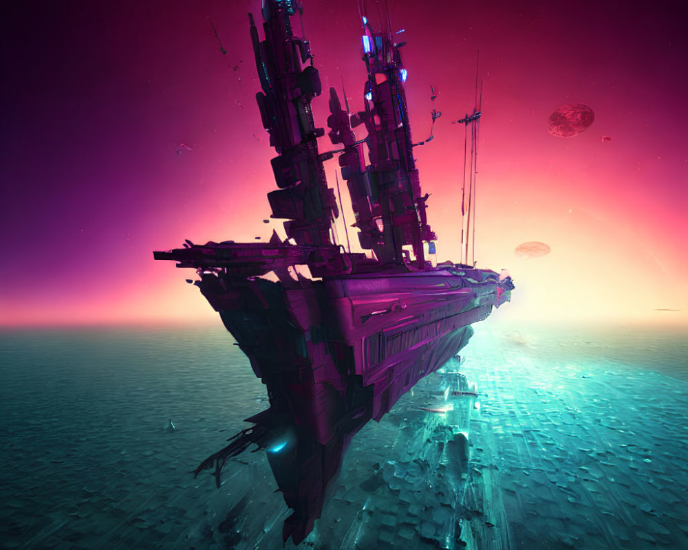 Gigantic spaceship over fragmented planet with pink and teal gradient backdrop