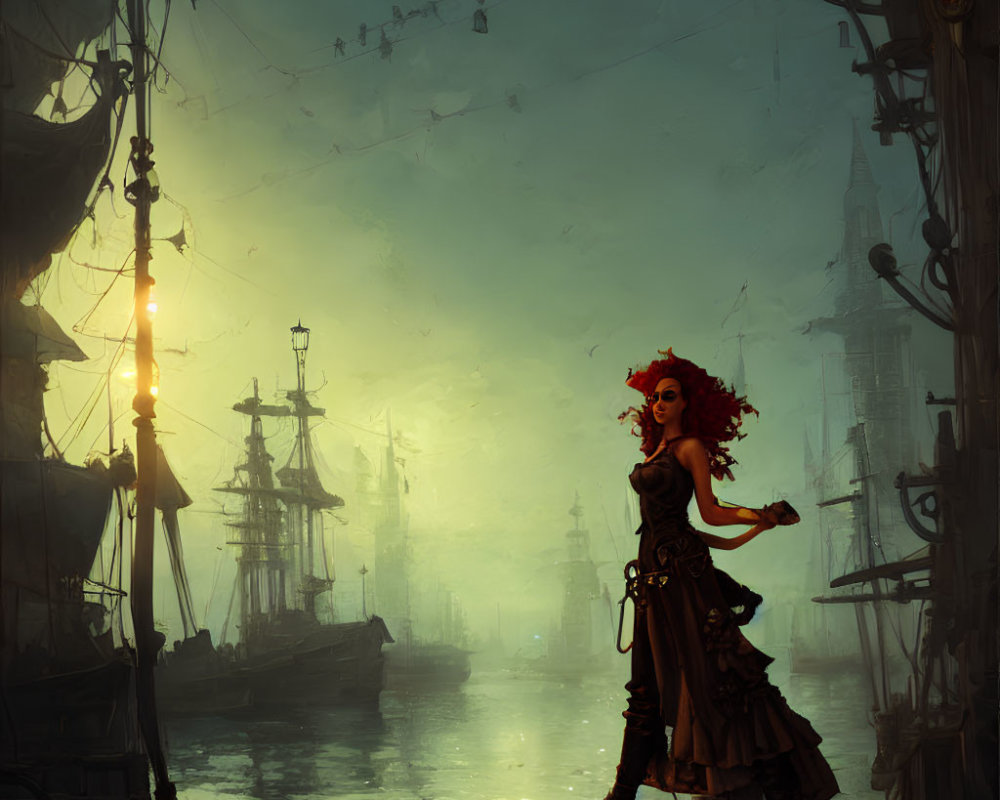 Vibrant red-haired woman on foggy dock with old ships and lamppost