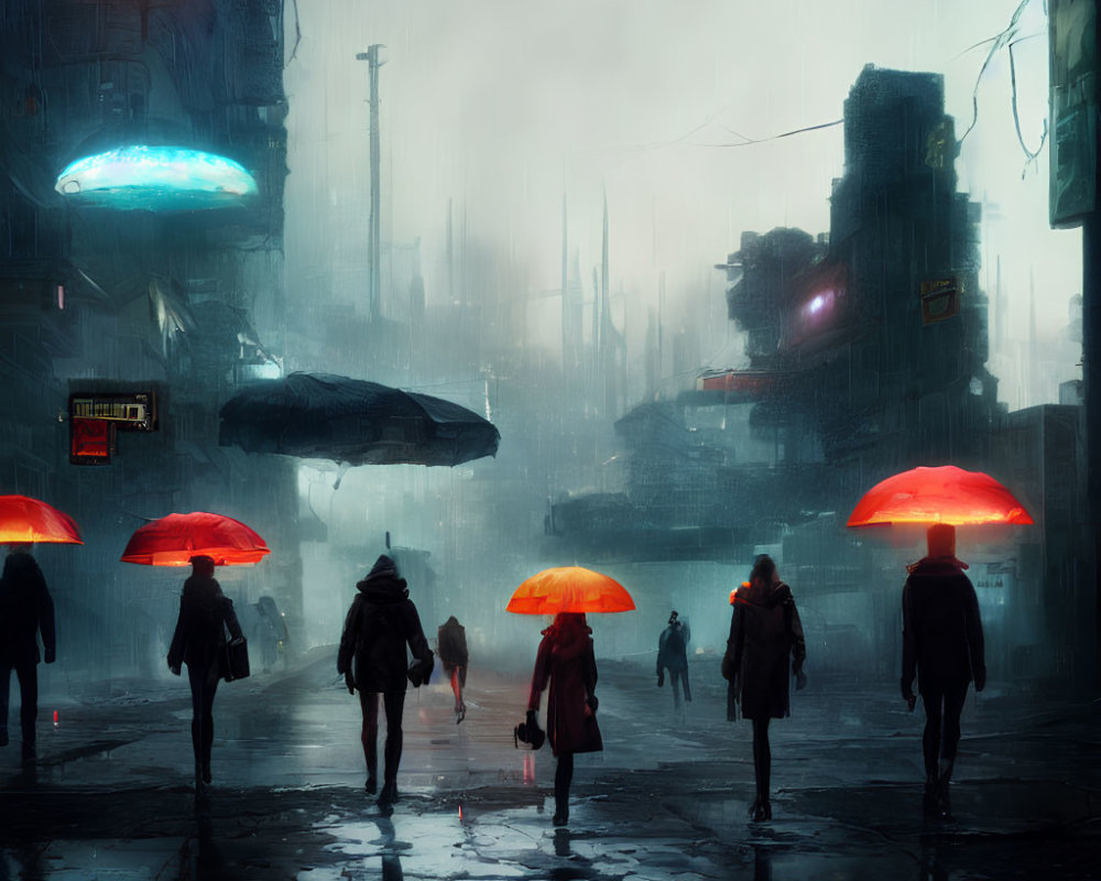 Group of people with red umbrellas in dystopian cityscape