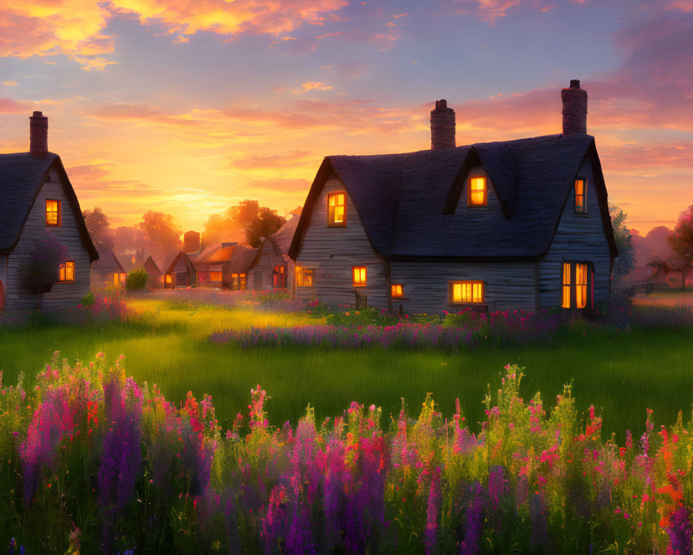 Rustic Houses Among Wildflowers at Sunset