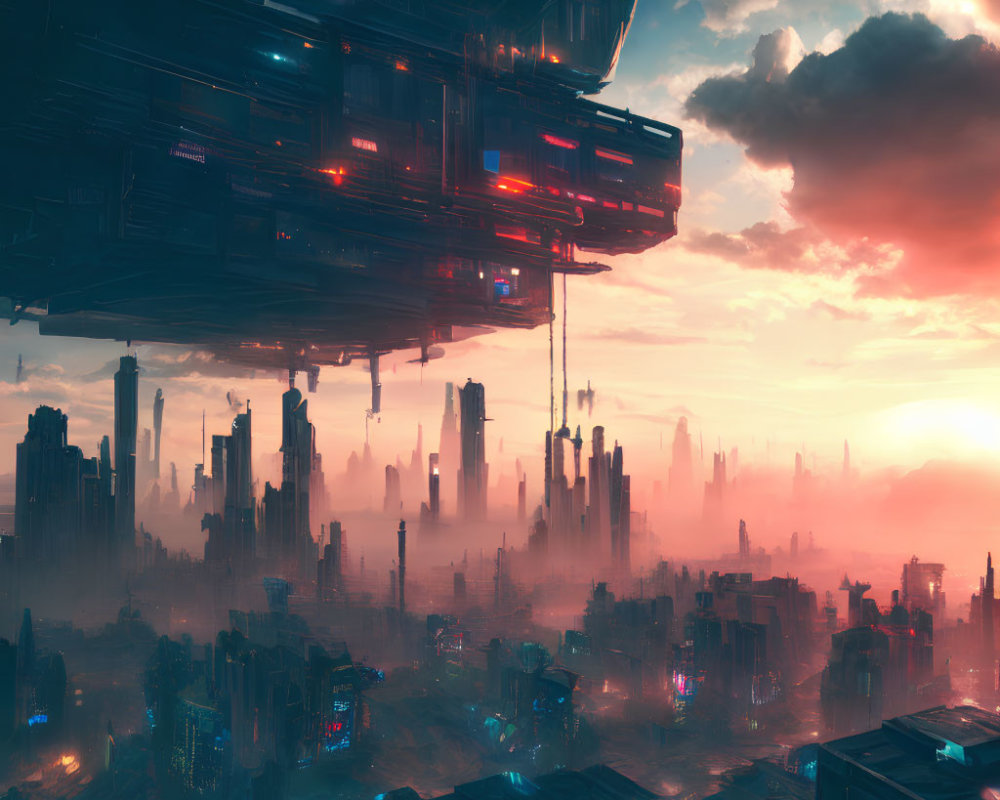 Futuristic cityscape with misty skyscrapers and neon lights