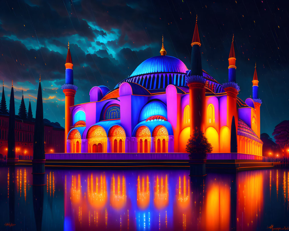 Colorful digital artwork: Mosque by reflective waterfront at dusk