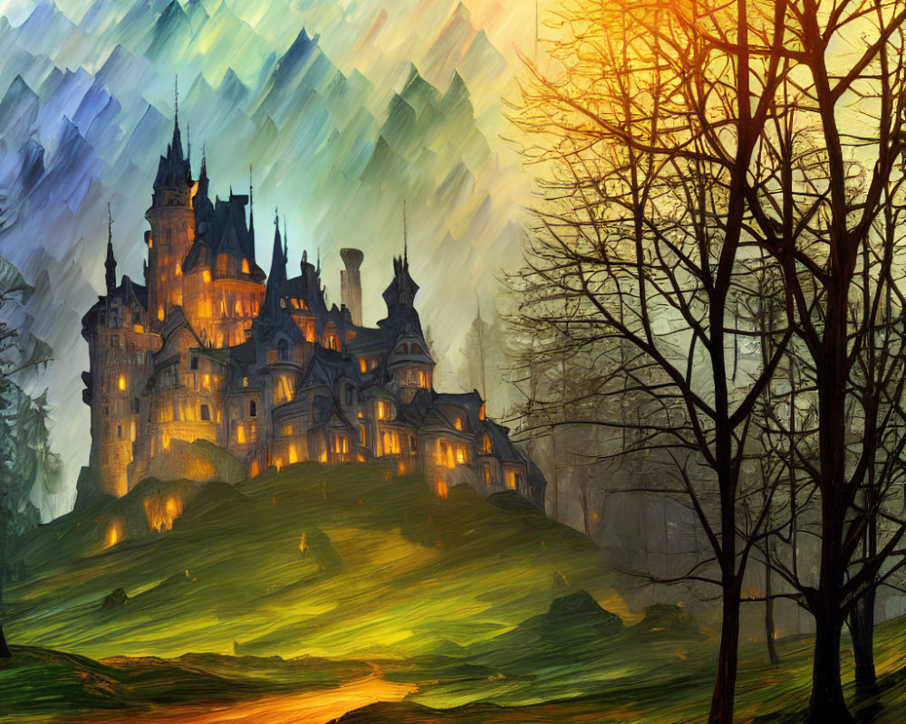 Majestic castle with spires in mystical landscape and colorful sky