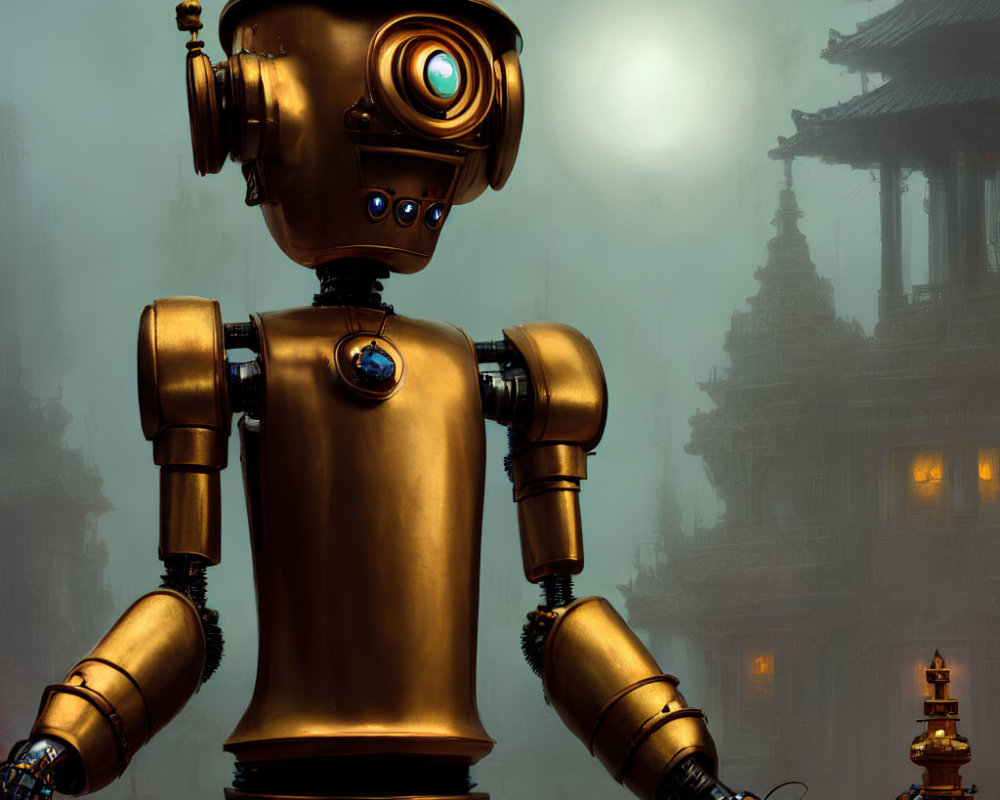 Golden robot with large eye in misty Asian temples