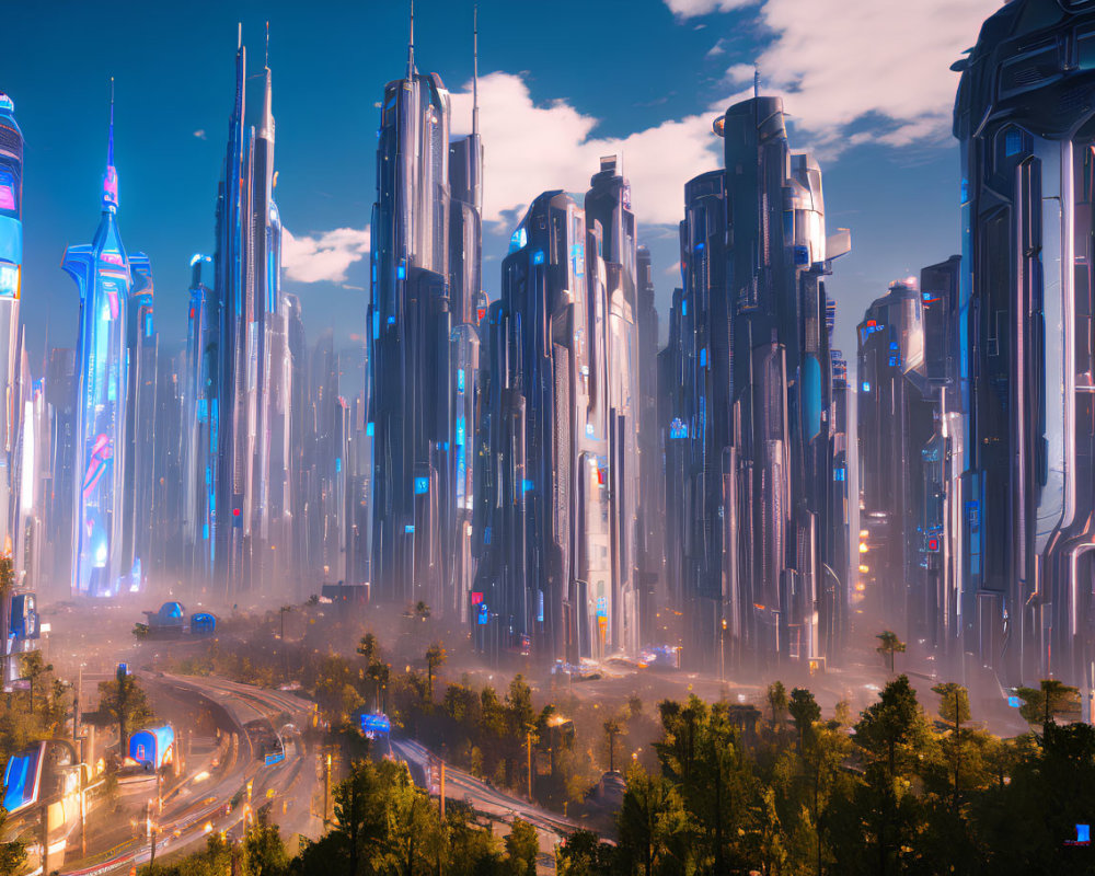 Futuristic cityscape with skyscrapers, neon lights, and flying vehicles at dusk