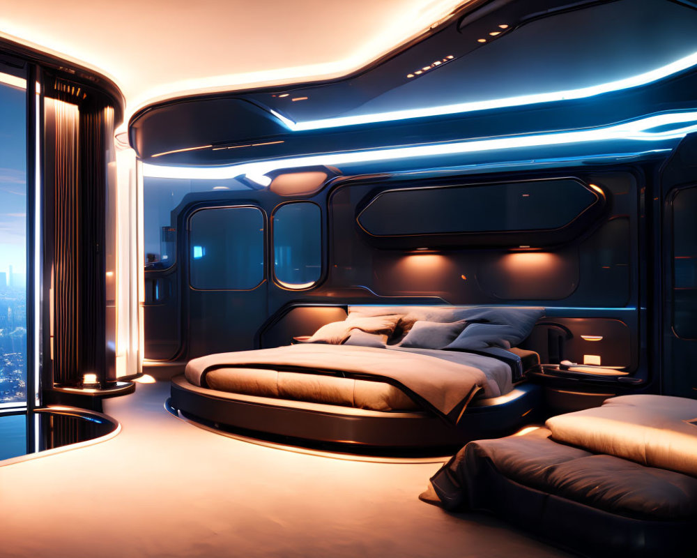 Modern round bed with neon lighting and city view in futuristic bedroom