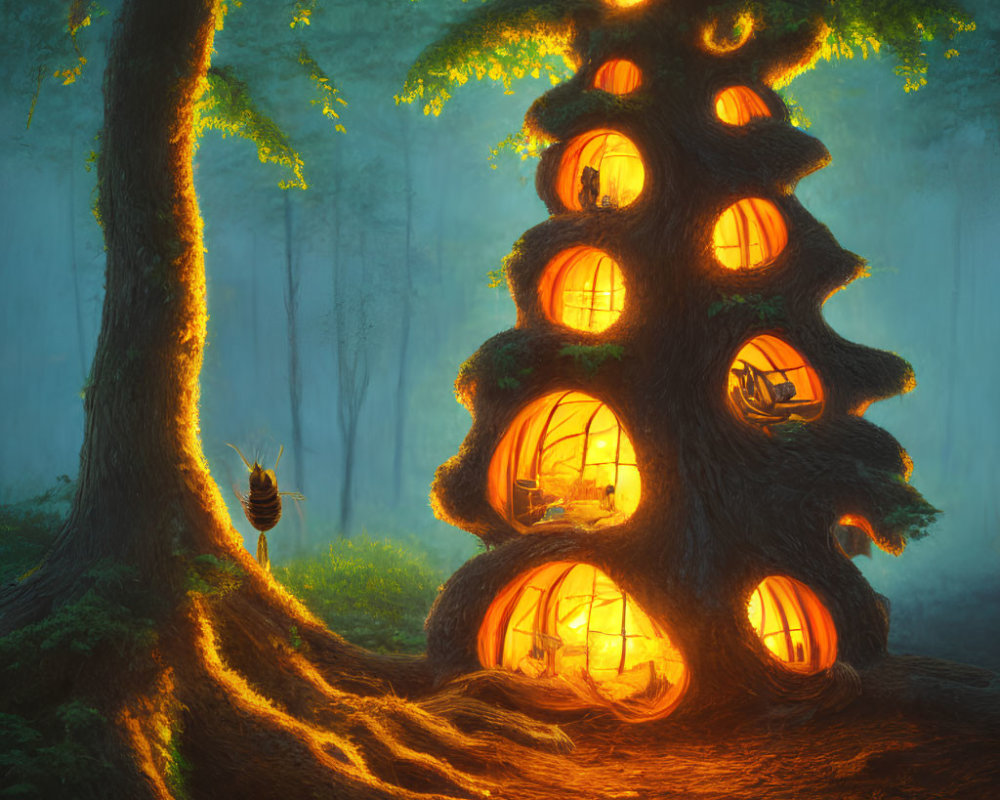 Enchanting treehouse with glowing windows in misty forest with floating bee